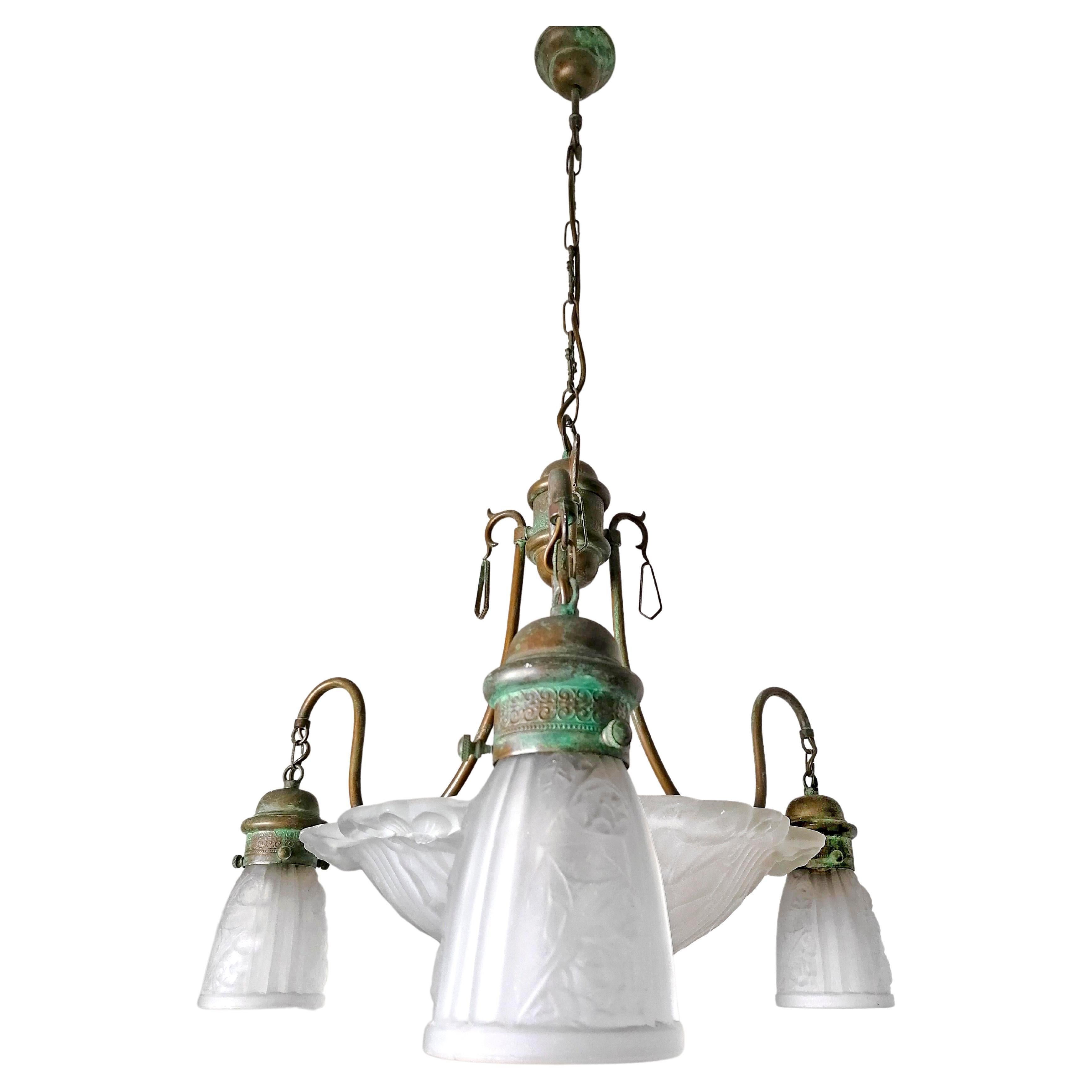 French Art Deco Art Nouveau Frosted Glass and Brass Chandelier For Sale 1