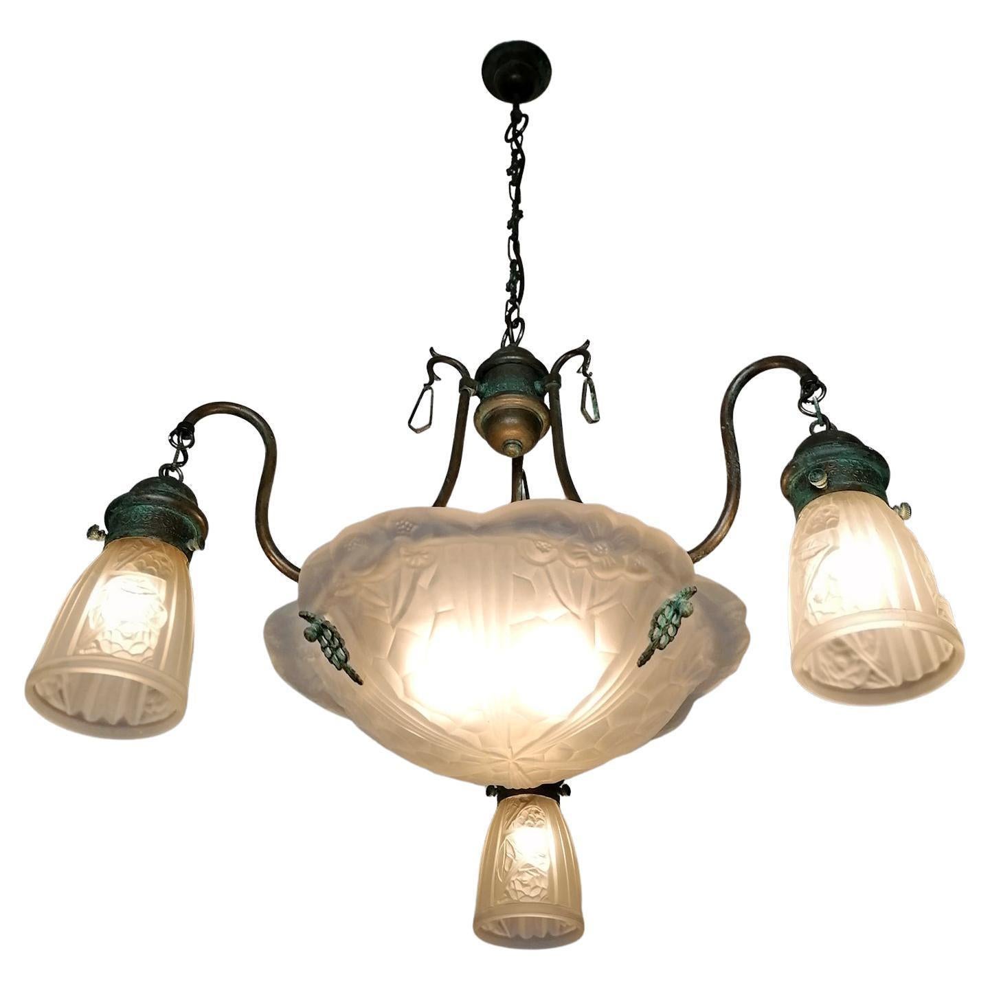 French Art Deco Art Nouveau Frosted Glass and Brass Chandelier For Sale 3