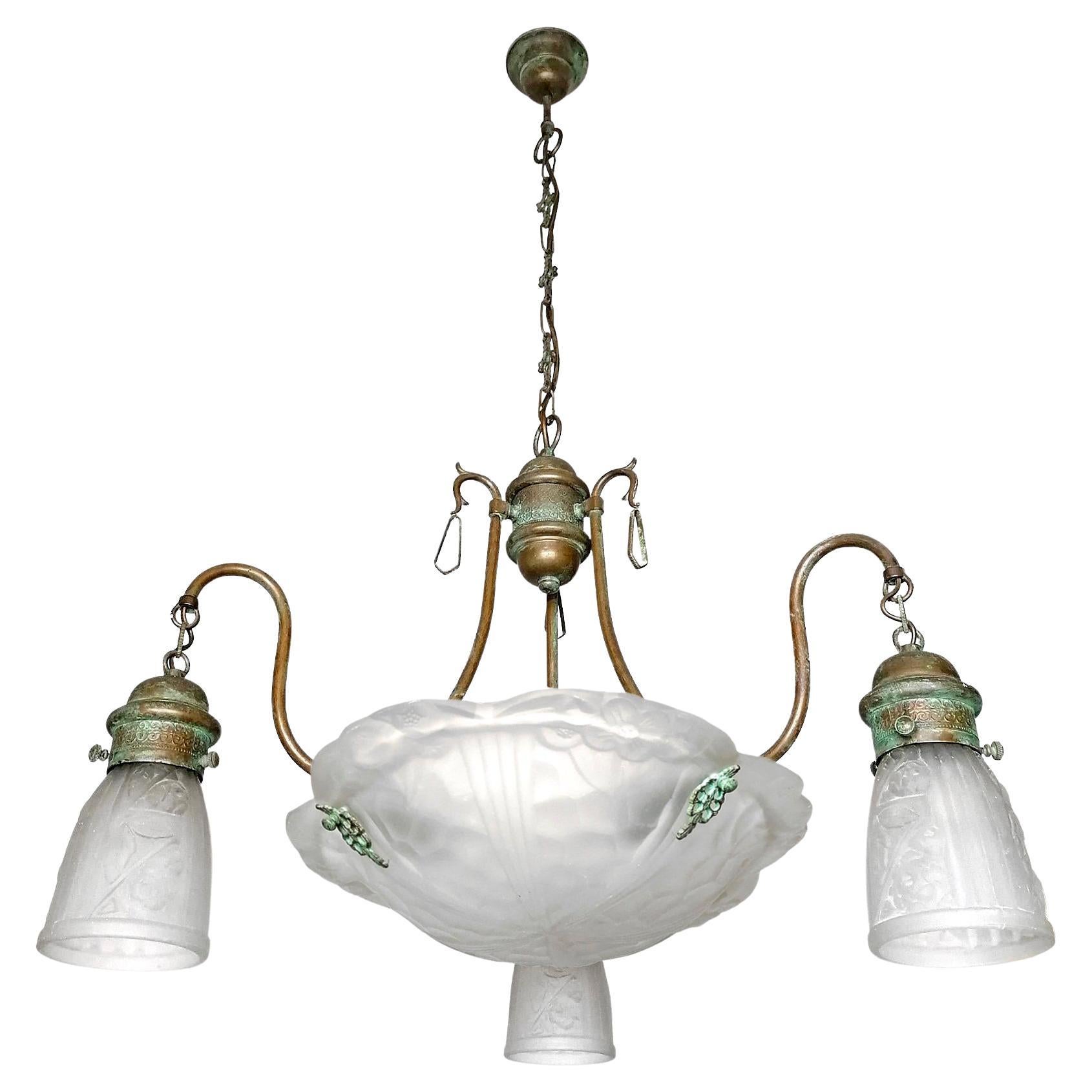 French Art Deco Art Nouveau Frosted Glass and Brass Chandelier