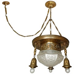 Antique French Art Deco & Art Nouveau Gilt Brass & Frosted Glass 4-Light Chandelier 1920