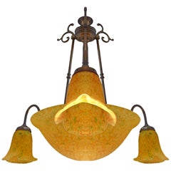 French Art Deco and Art Nouveau Polychrome Amber Glass 4-Light Chandelier