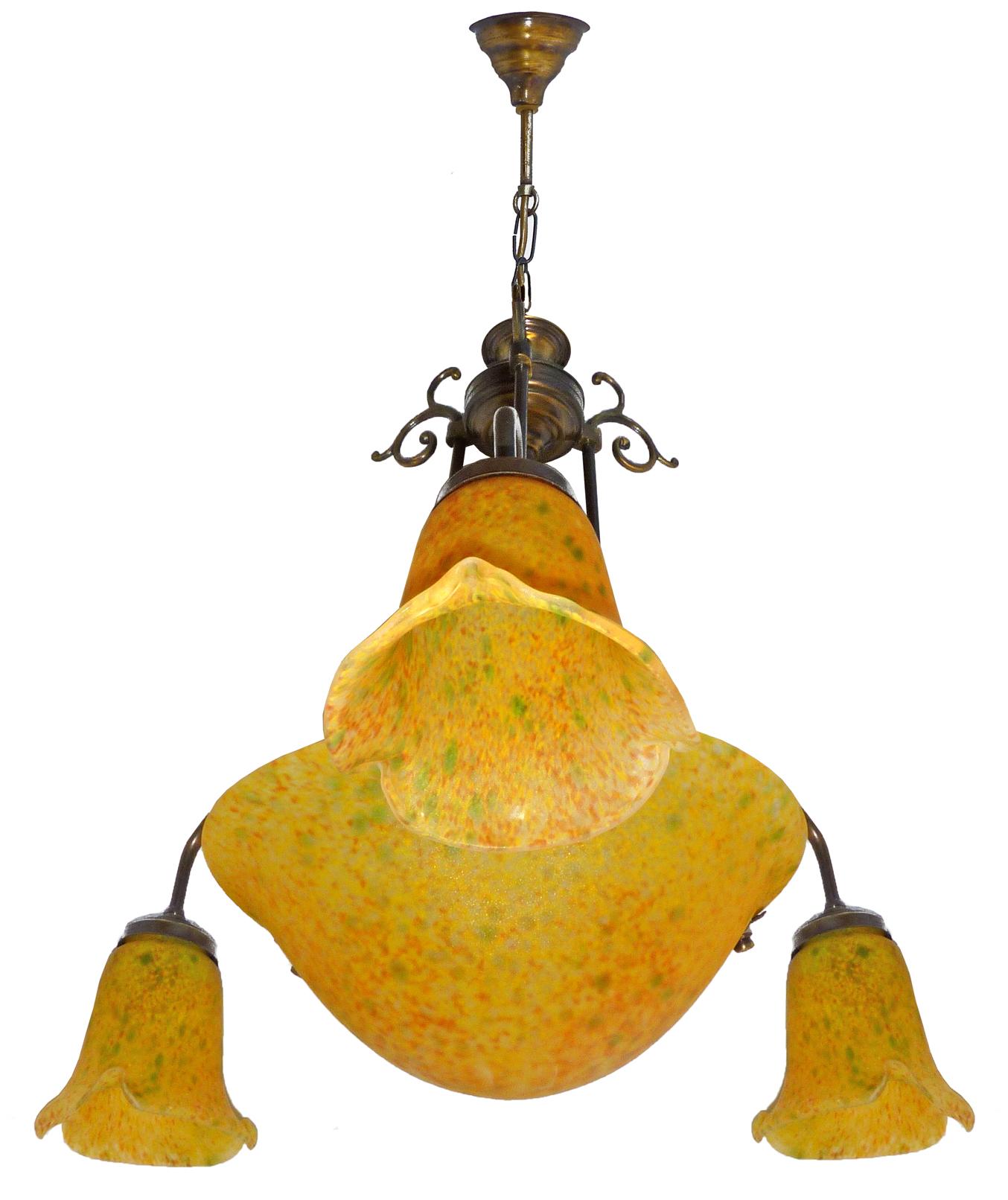 Burnished French Art Deco and Art Nouveau Polychrome Amber Glass 4-Light Chandelier For Sale