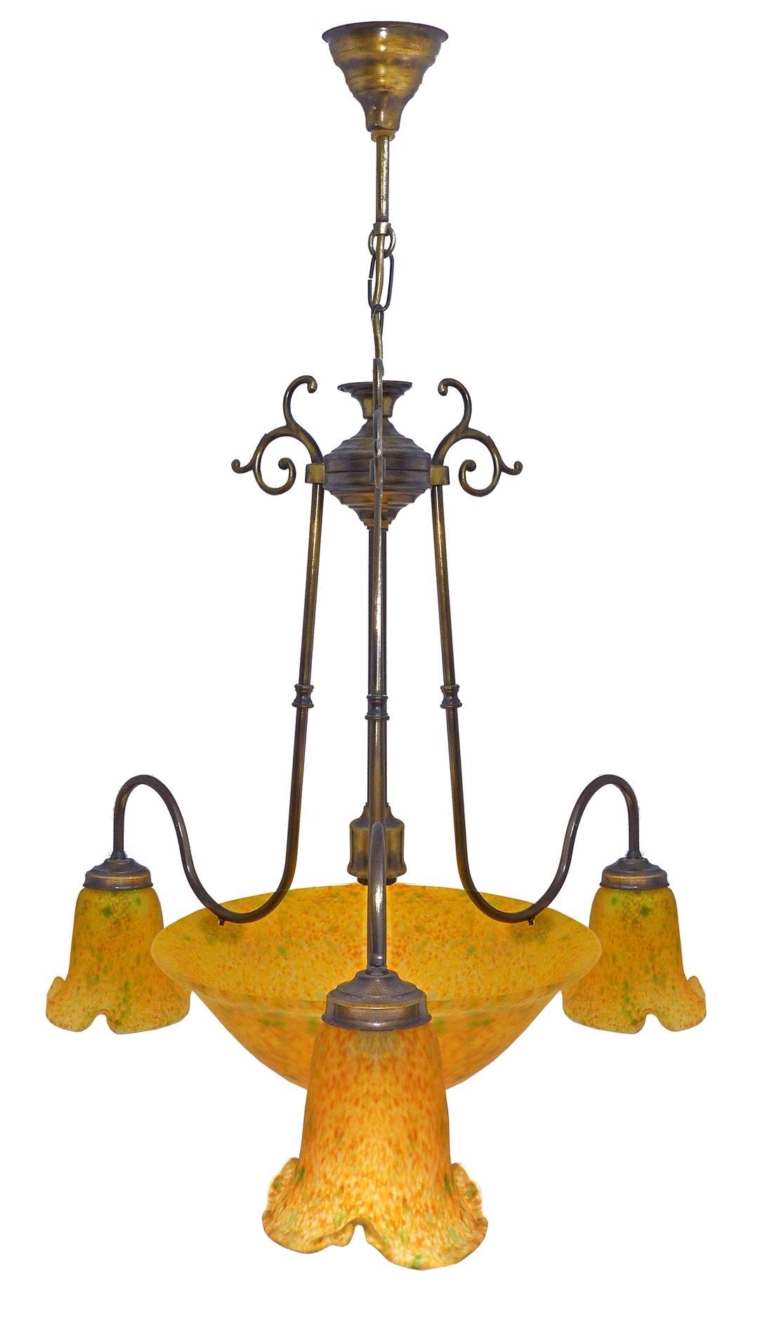 Brass French Art Deco and Art Nouveau Polychrome Amber Glass 4-Light Chandelier For Sale