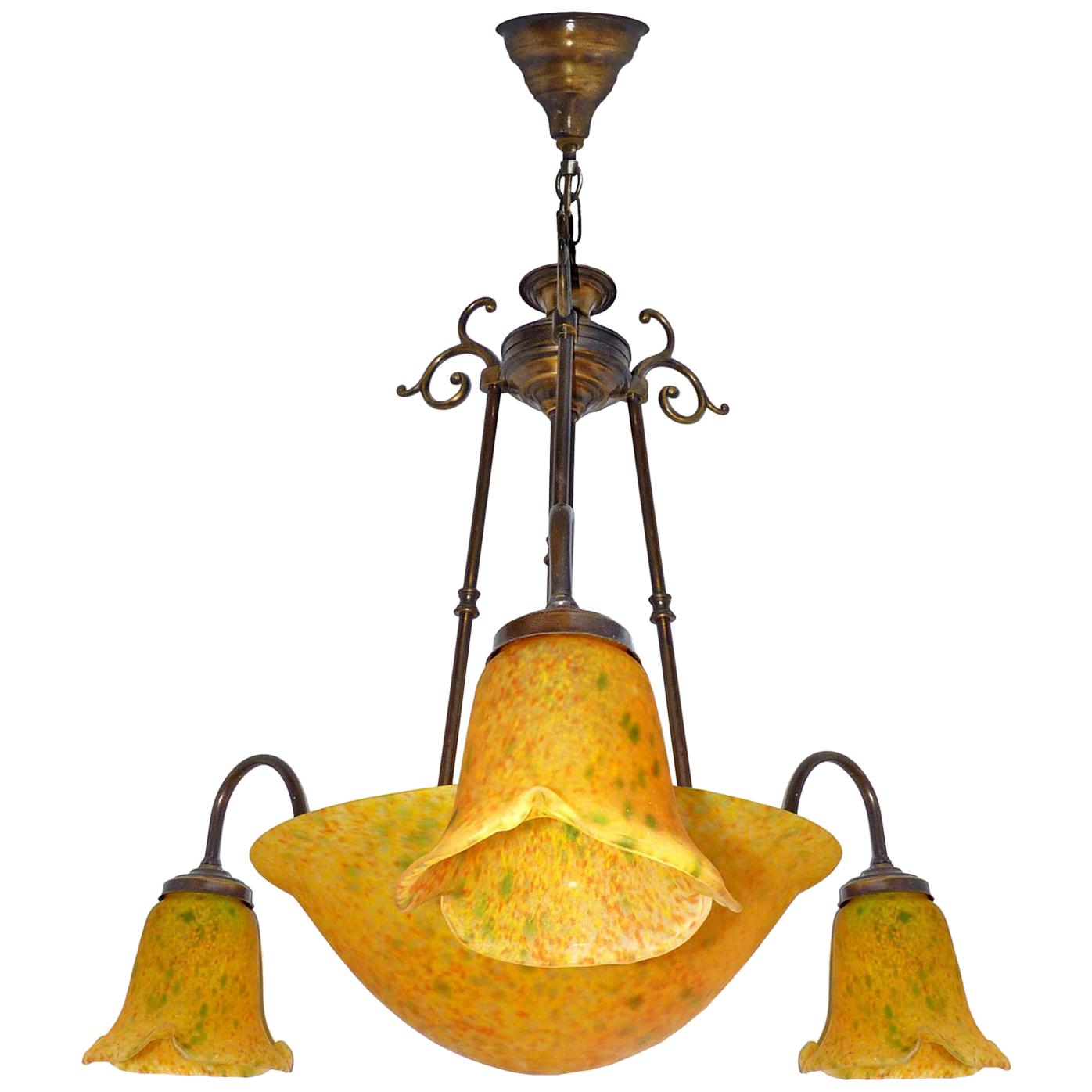 French Art Deco and Art Nouveau Polychrome Amber Glass 4-Light Chandelier For Sale
