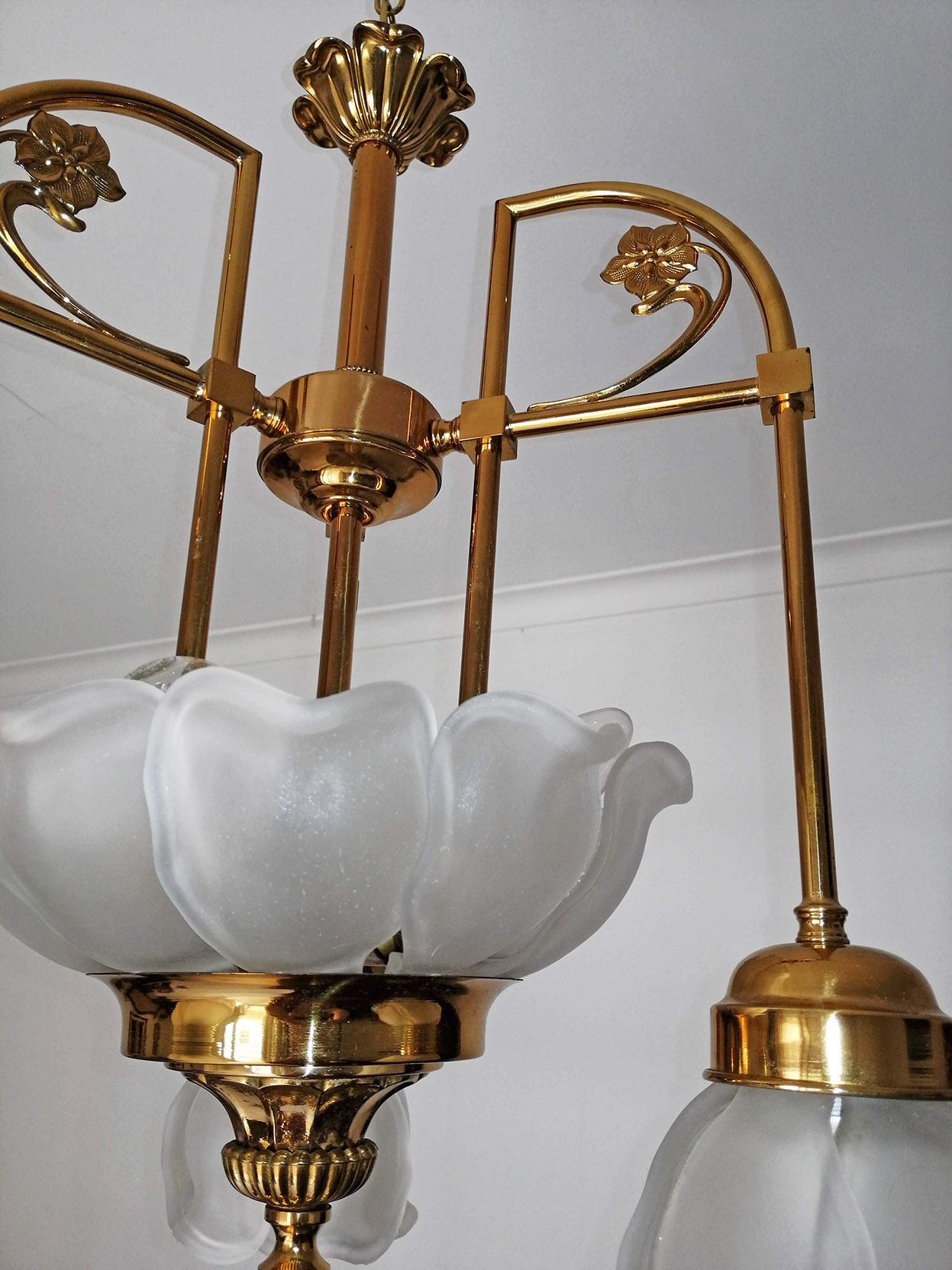 French Art Deco Art Nouveau Style Art Glass Gilt Brass Chandelier w Glass Petals 1