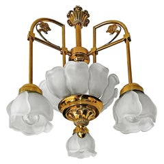 French Art Deco Art Nouveau Style Art Glass Gilt Brass Chandelier w Glass Petals