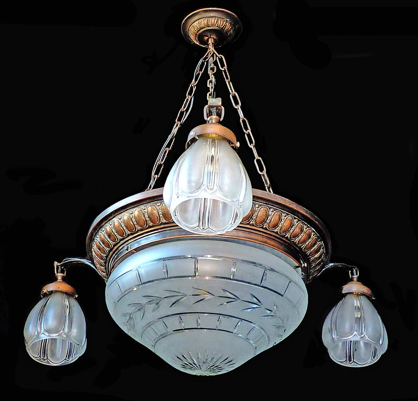 Etched French Art Deco Art Nouveau Wheel Cut Clear Crystal Glass Globe Chandelier For Sale