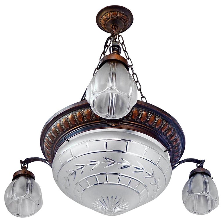 French Art Deco Cut Crystal Globes, 38 Esquire Rich Bronze Finish 3 Head Ceiling Fan