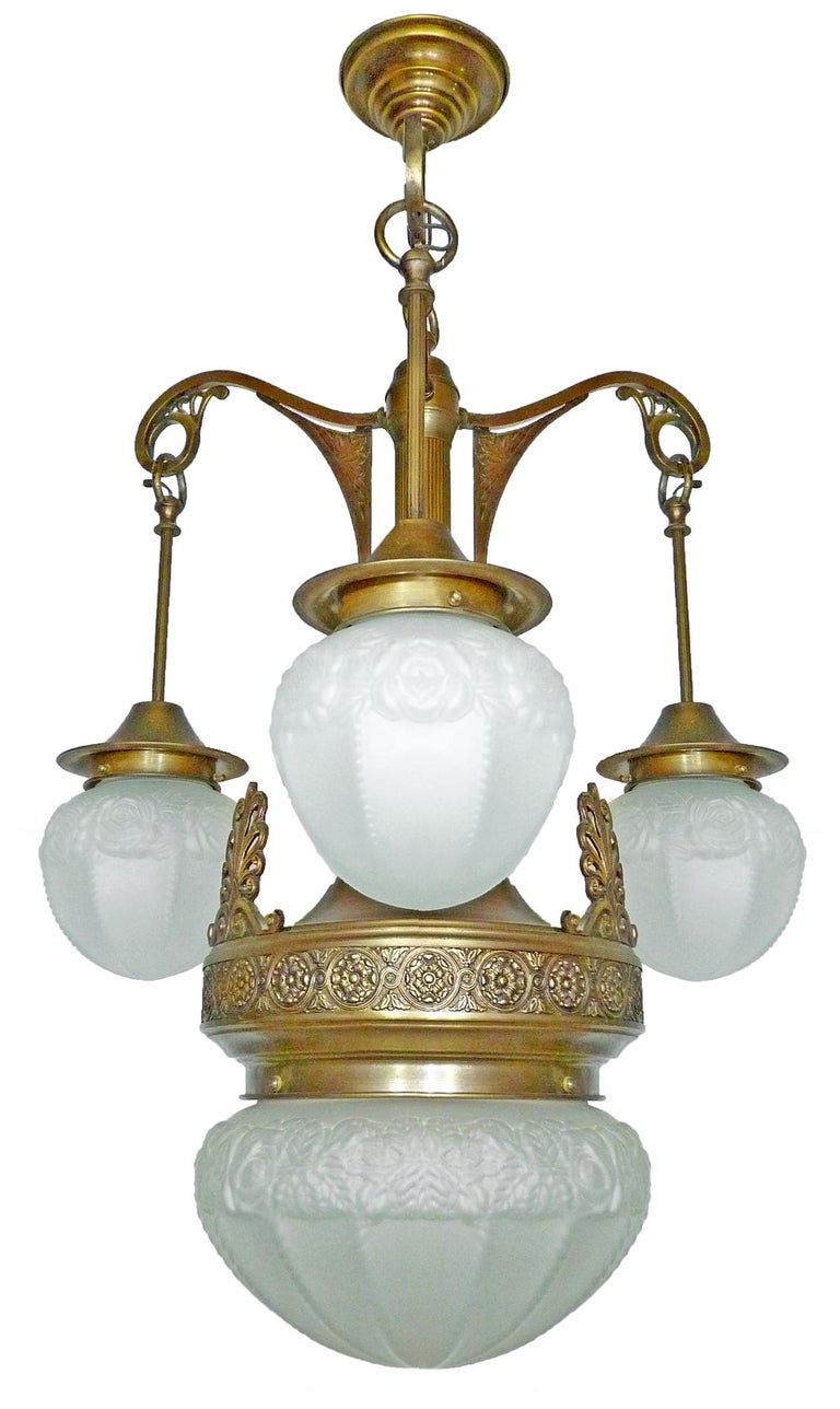 French Art Deco Art Nouveau Brass In Degué Style Molded Frosted Glass Chandelier