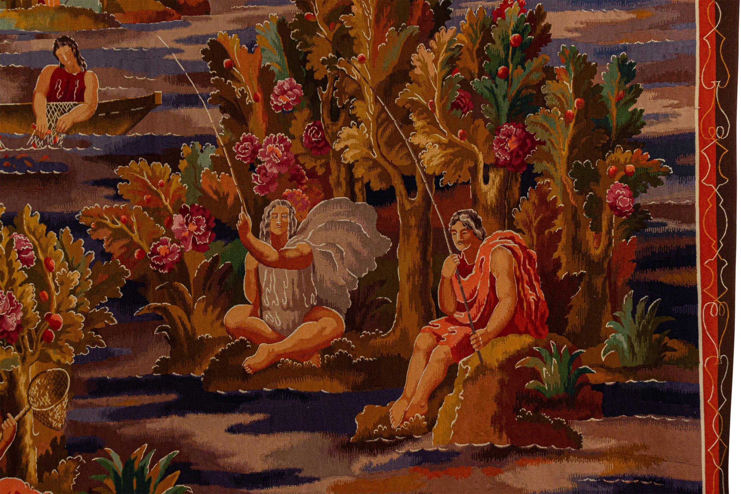 French Art Deco Aubusson tapestry with figural scene. Exhibited at Louvre, Paris #26 in 1950 Exposition (signed JEAN BEAUMONT, 1926 by Tapisseries et Cartons Des Ateliers A.R.T.).
  