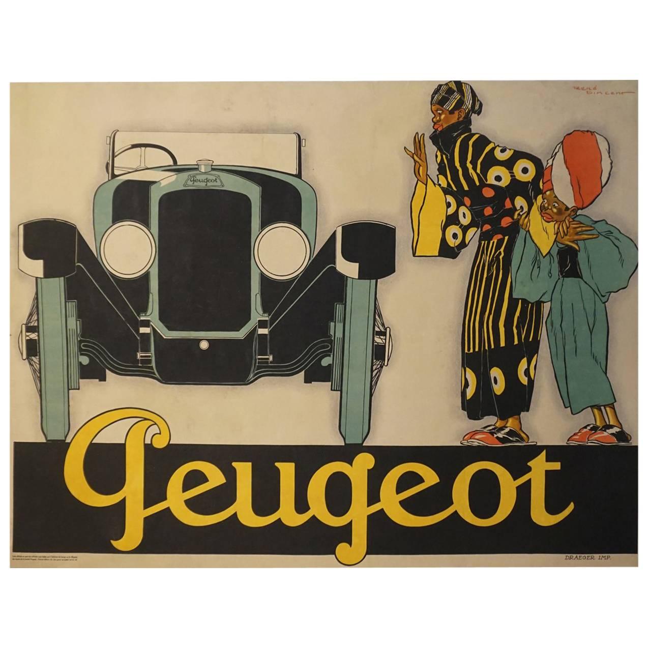 French Art Deco Automobile Advertising Poster for Peugeot by Rene Vincent, 1925 For Sale