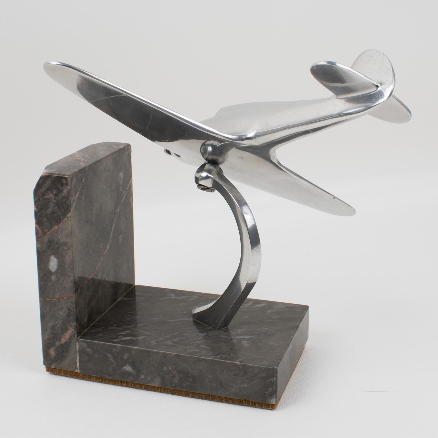 French Art Deco Aviation Aluminum and Marble Airplane Bookends 6