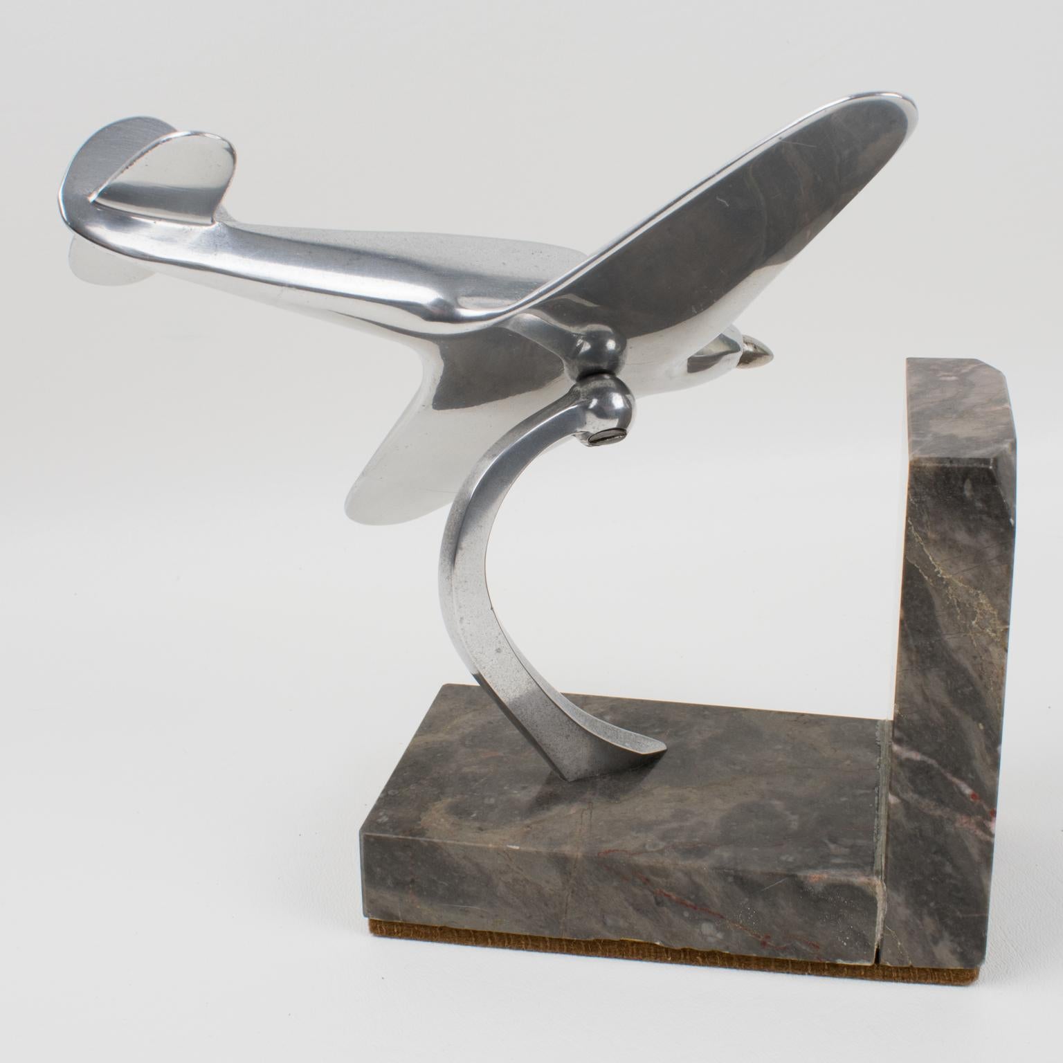 French Art Deco Aviation Aluminum and Marble Airplane Bookends 7