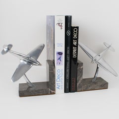 French Art Deco Aviation Aluminum and Marble Airplane Bookends
