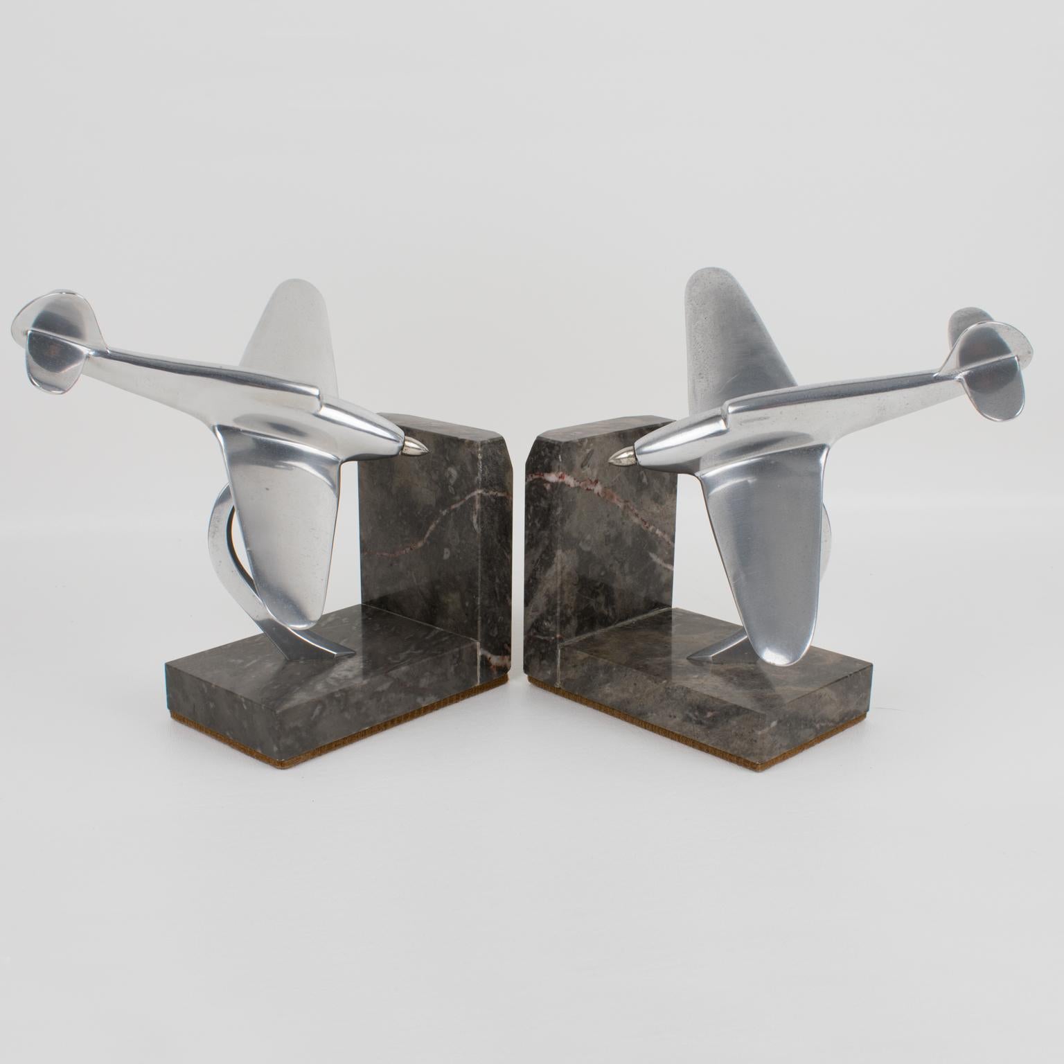 French Art Deco Aviation Aluminum and Marble Airplane Bookends In Excellent Condition In Atlanta, GA
