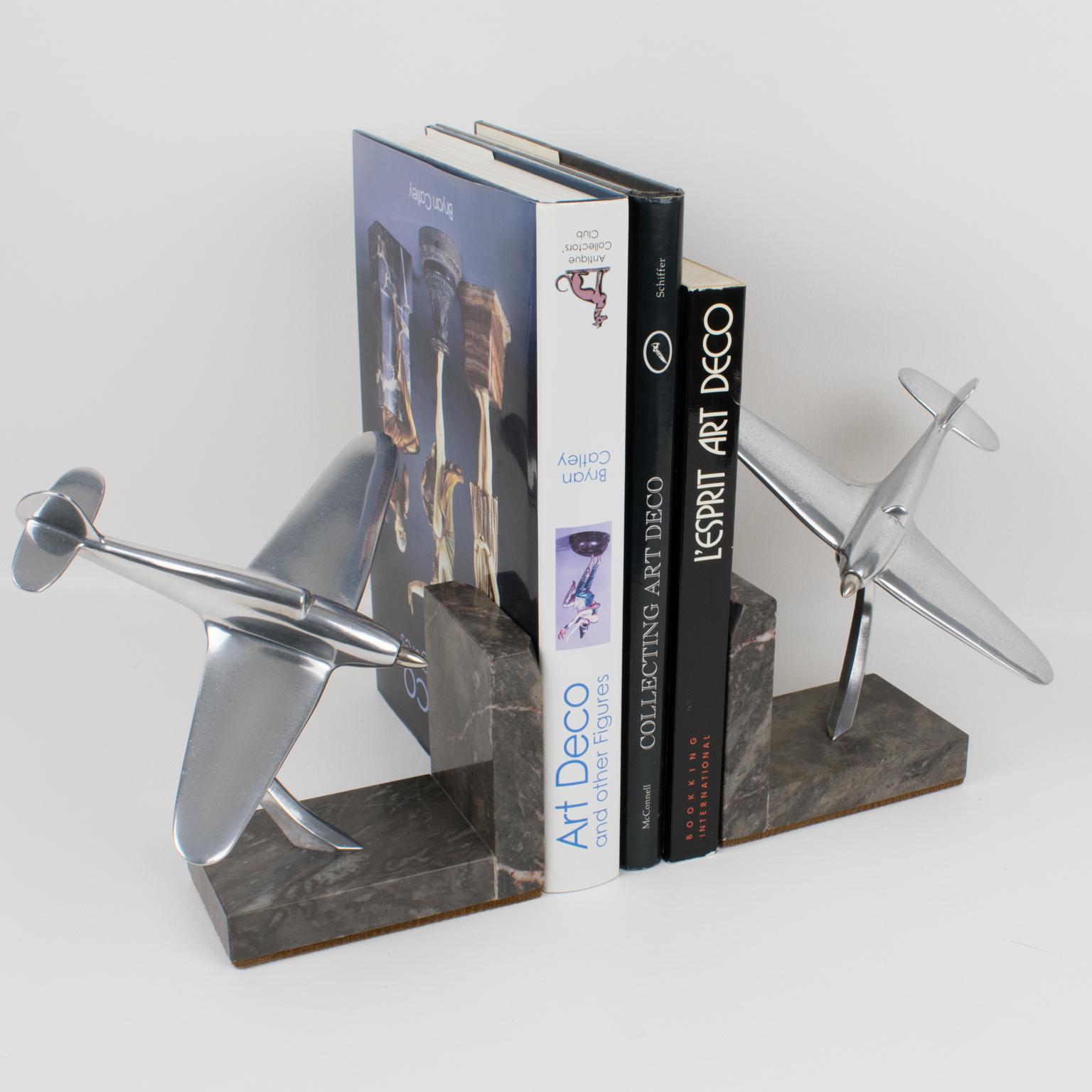 Mid-20th Century French Art Deco Aviation Aluminum and Marble Airplane Bookends
