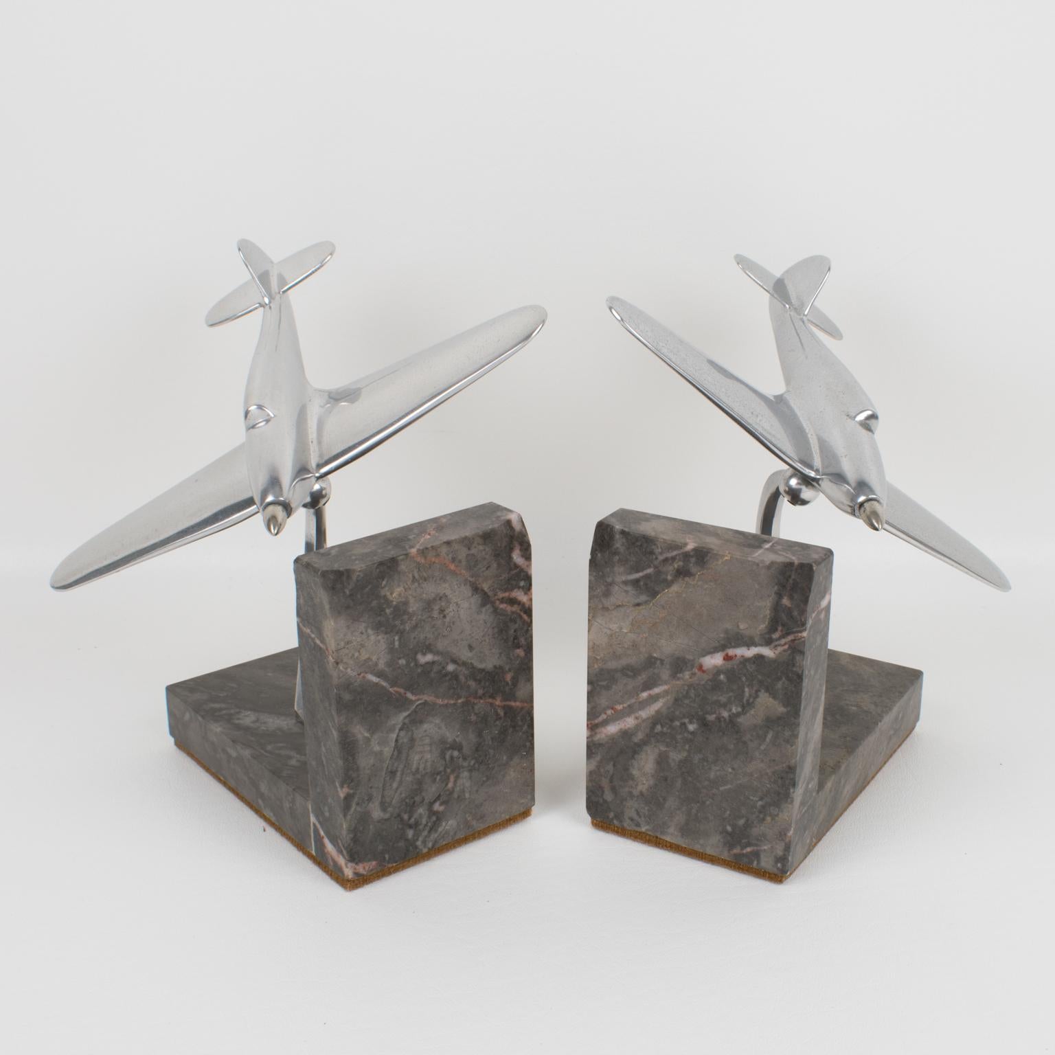 Metal French Art Deco Aviation Aluminum and Marble Airplane Bookends