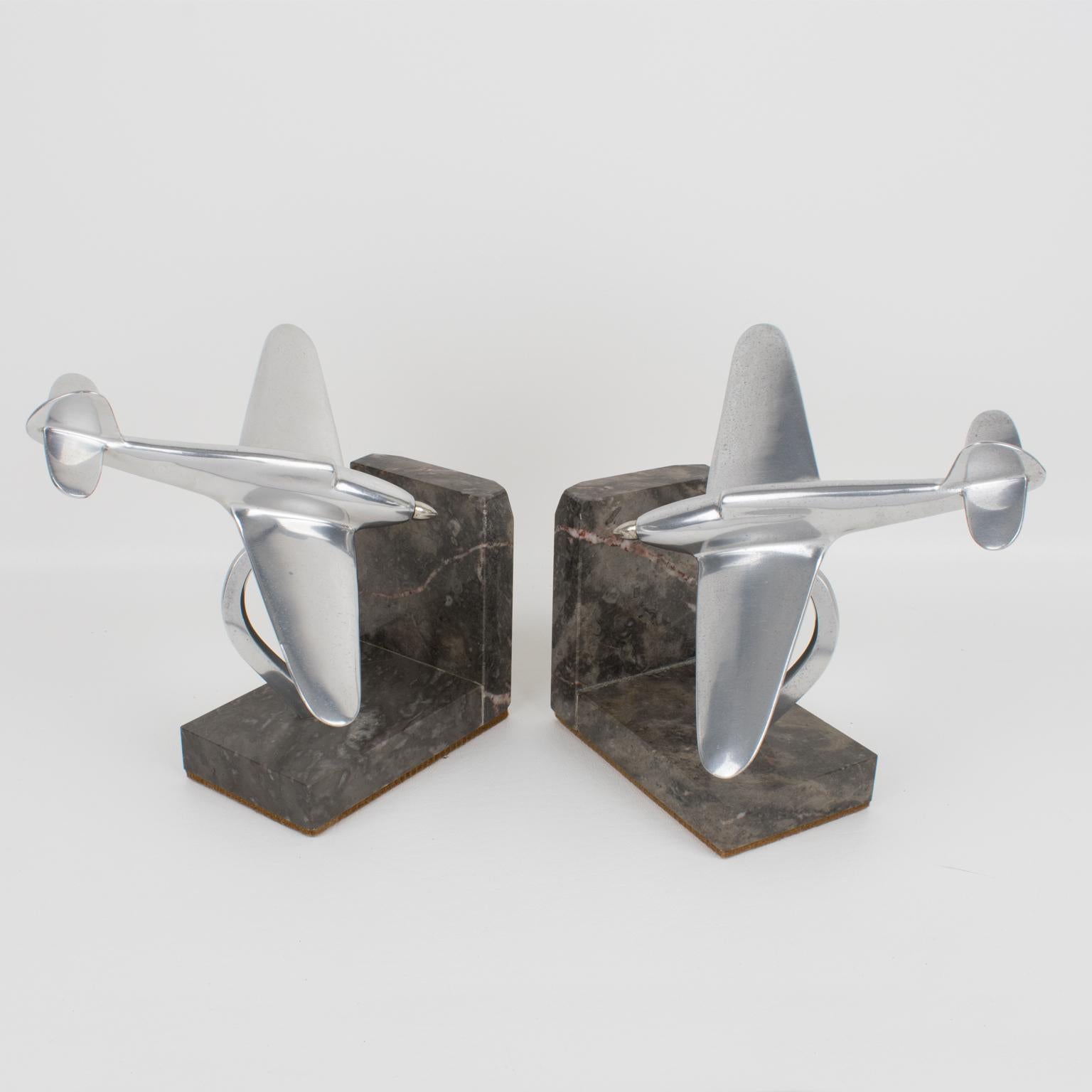 French Art Deco Aviation Aluminum and Marble Airplane Bookends 1