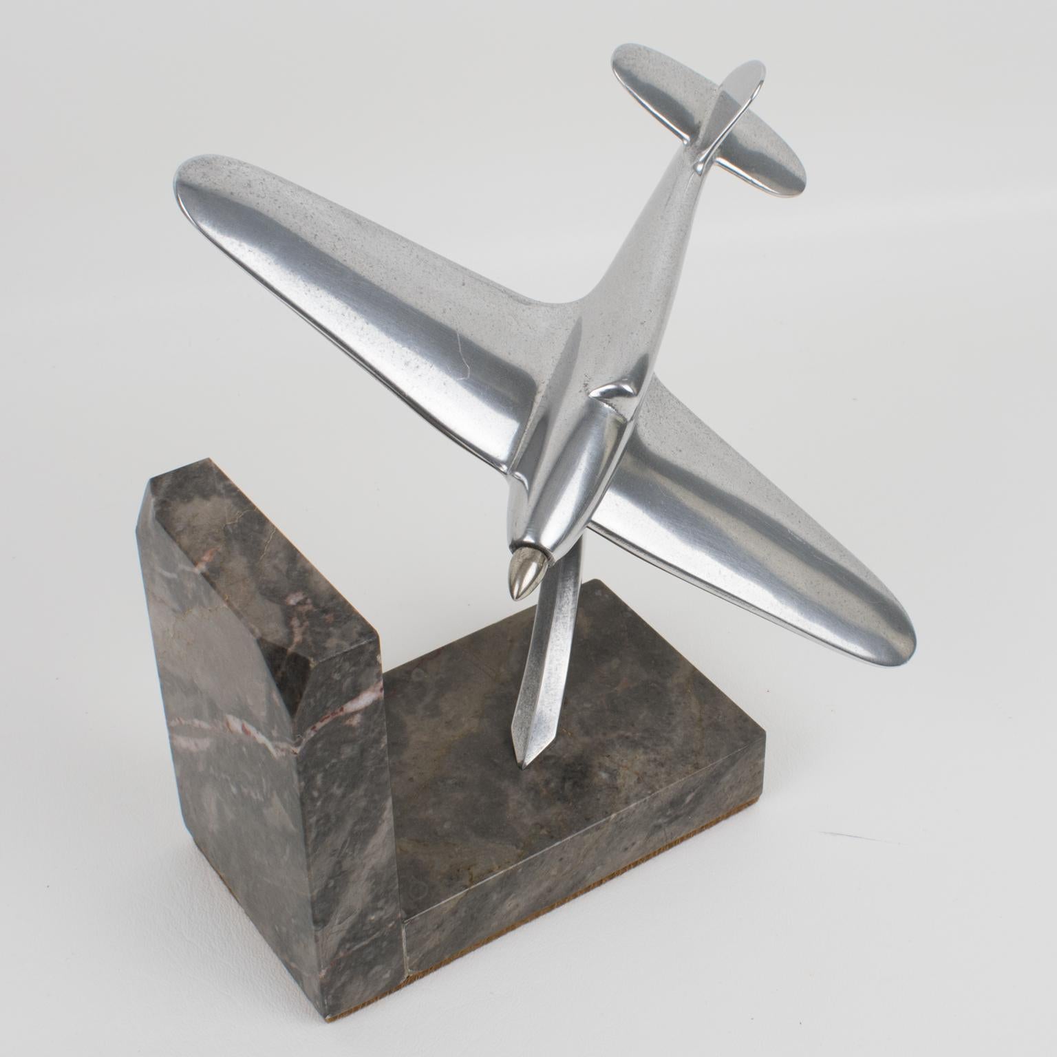 French Art Deco Aviation Aluminum and Marble Airplane Bookends 2