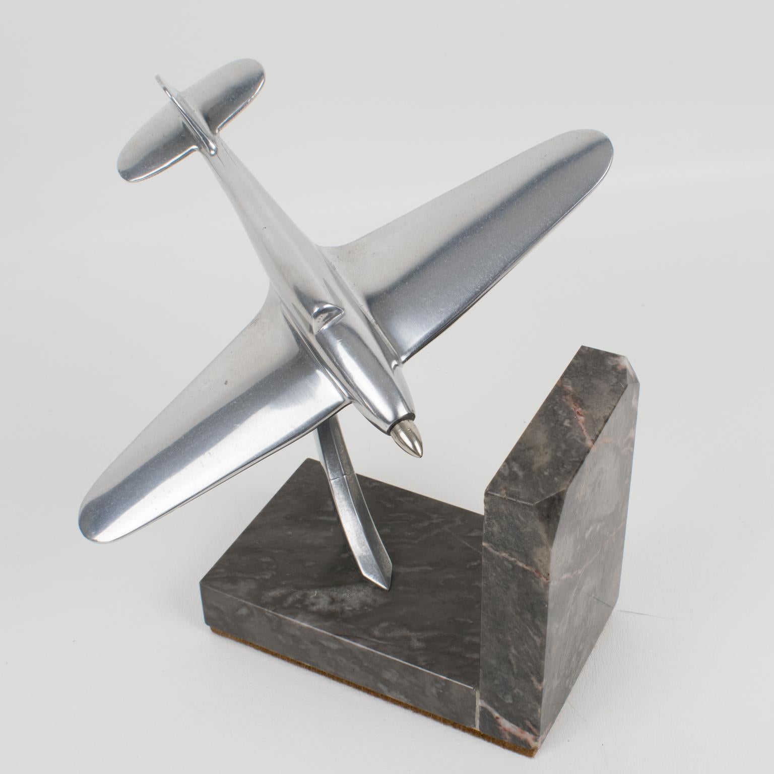 French Art Deco Aviation Aluminum and Marble Airplane Bookends 3