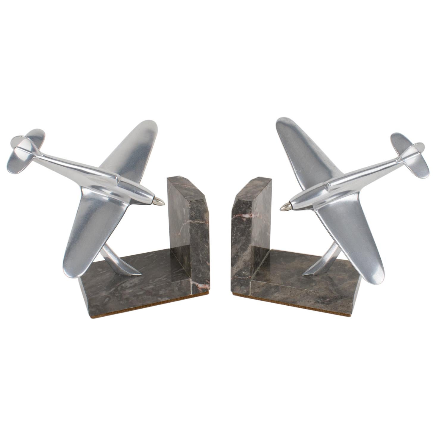 French Art Deco Aviation Aluminum and Marble Airplane Bookends