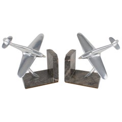 French Art Deco Aviation Aluminum and Marble Airplane Bookends