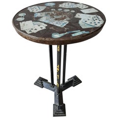 French Art Deco Bakelite and Iron Bistro Table with Casino Print, 1930s