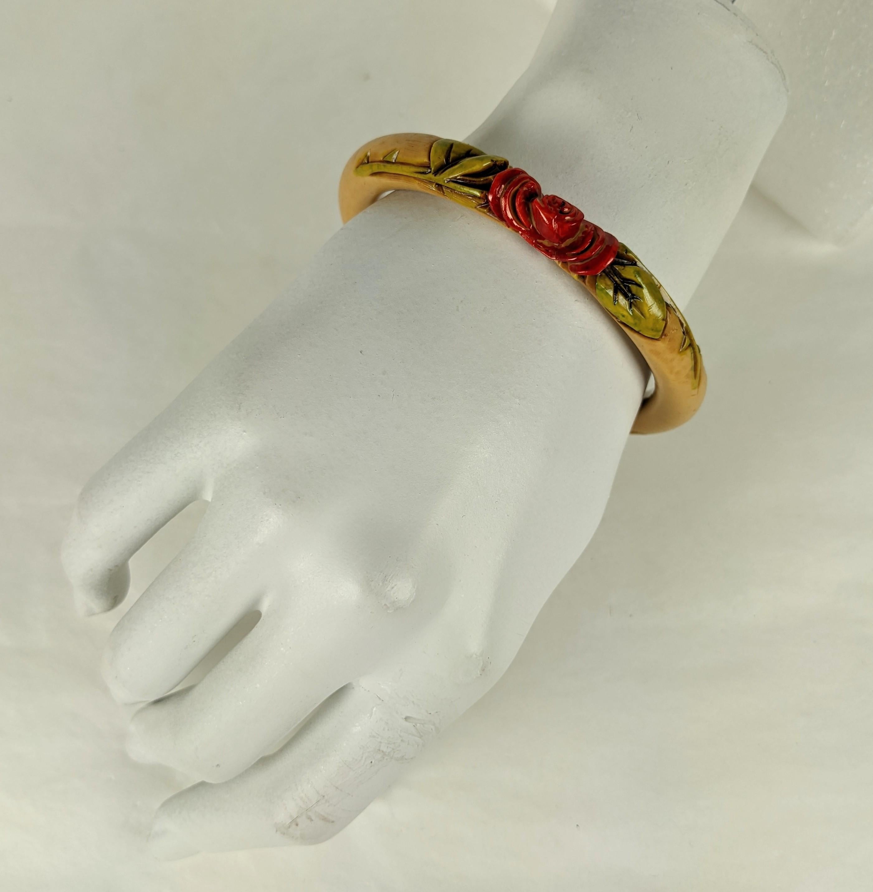 Women's  French Art Deco Bakelite Carved Rose Bangle Bracelet For Sale