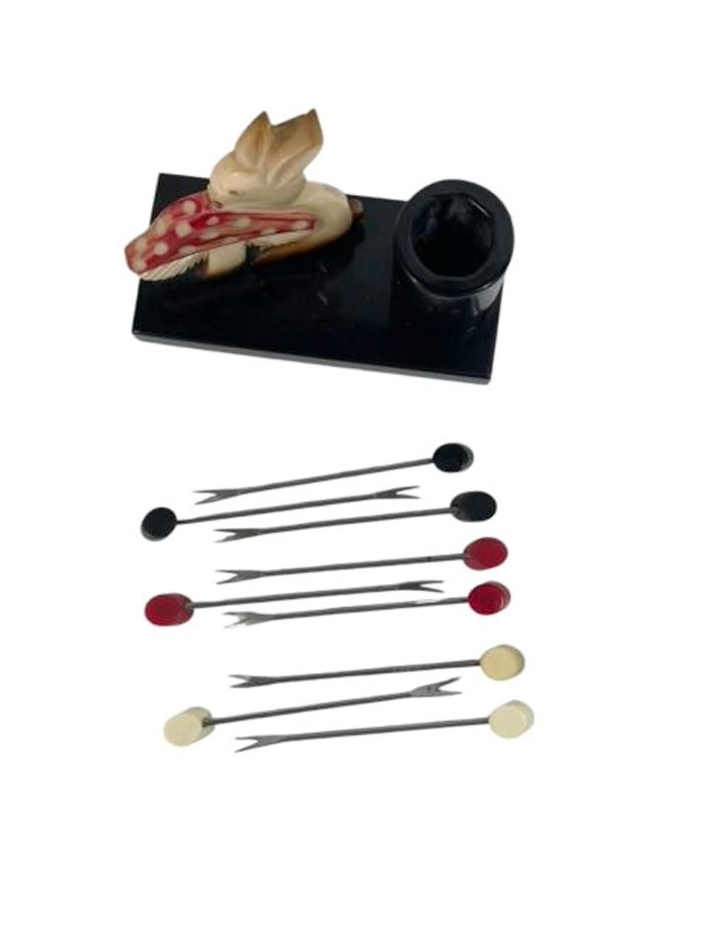 French Art Deco Bakelite Cocktail Picks - Rabbit with Toadstool For Sale 1