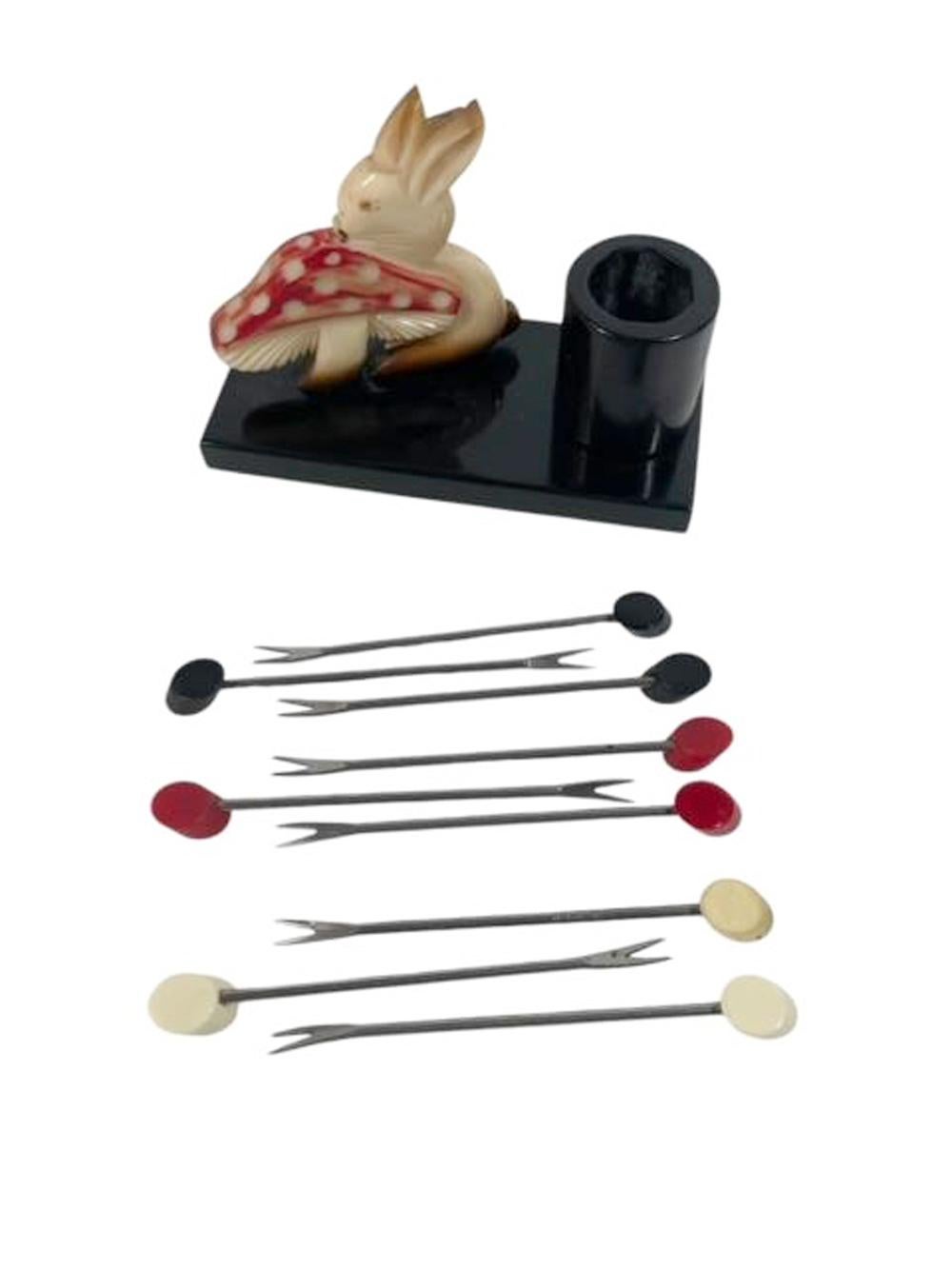 French Art Deco Bakelite Cocktail Picks - Rabbit with Toadstool For Sale 2