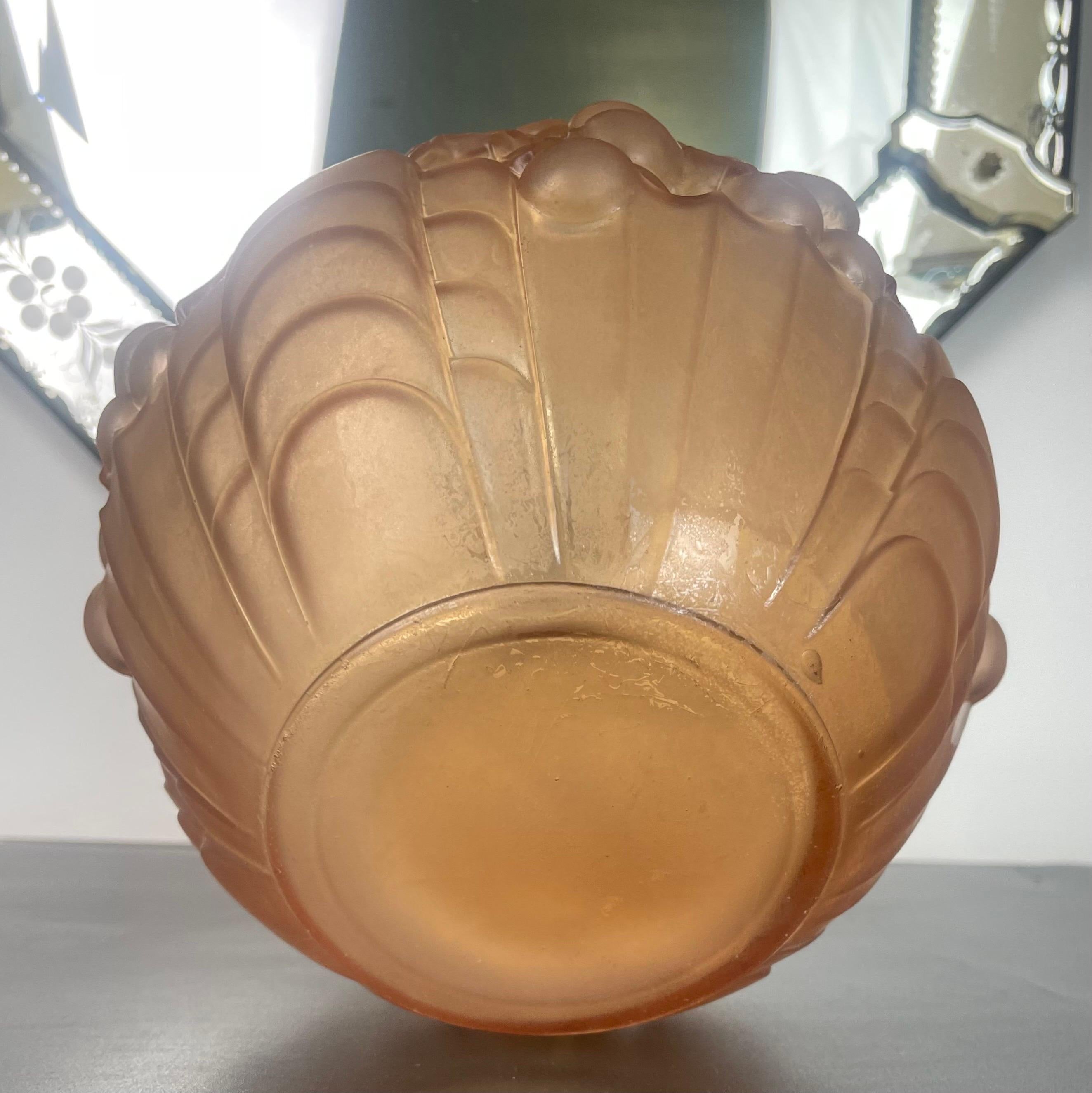 French Art Deco Ball Vase Pink Orange Frosted Molded Pressed Glass, 1930, France For Sale 4