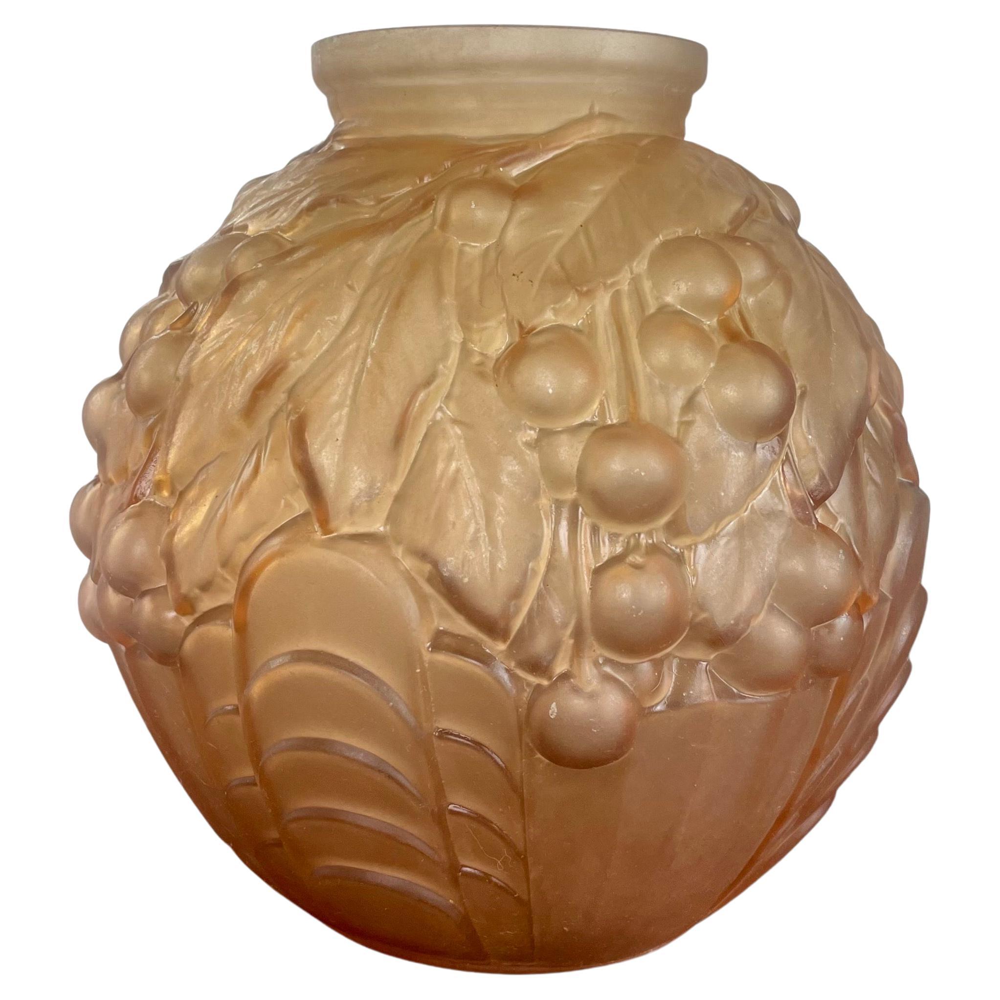 French Art Deco Ball Vase Pink Orange Frosted Molded Pressed Glass, 1930, France For Sale