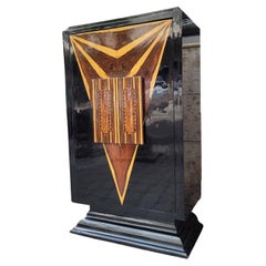 French Art Deco bar cabinet, lacquered wood and exotic wood marquetry