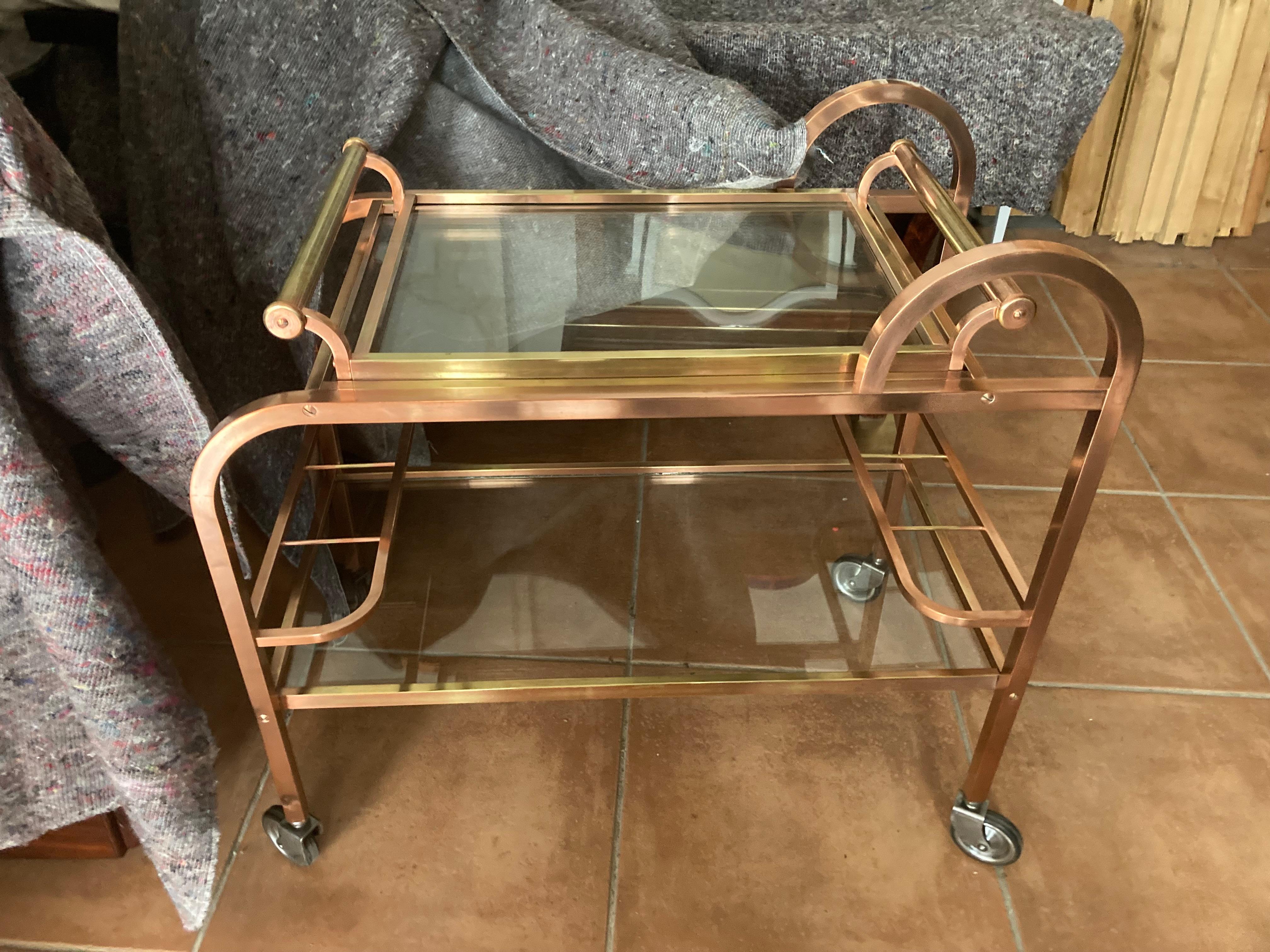 Metal French Art Déco Bar Cart in Copper and Brass, 1920s