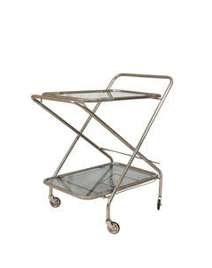 French Art Deco Bar Cart, Nickel-Plated Metal & Gray Glass, 1920s Design