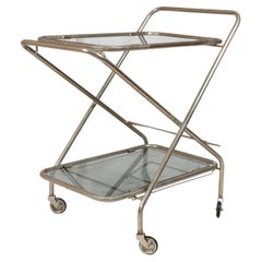 French Art Deco Bar Cart, Nickel-Plated Metal & Gray Glass, 1920s Design