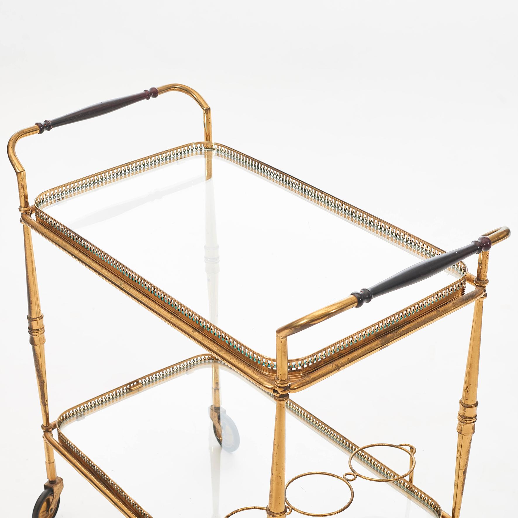 French Art Deco Bar Cart or Tea Trolley in Brass with Glass Trays 3