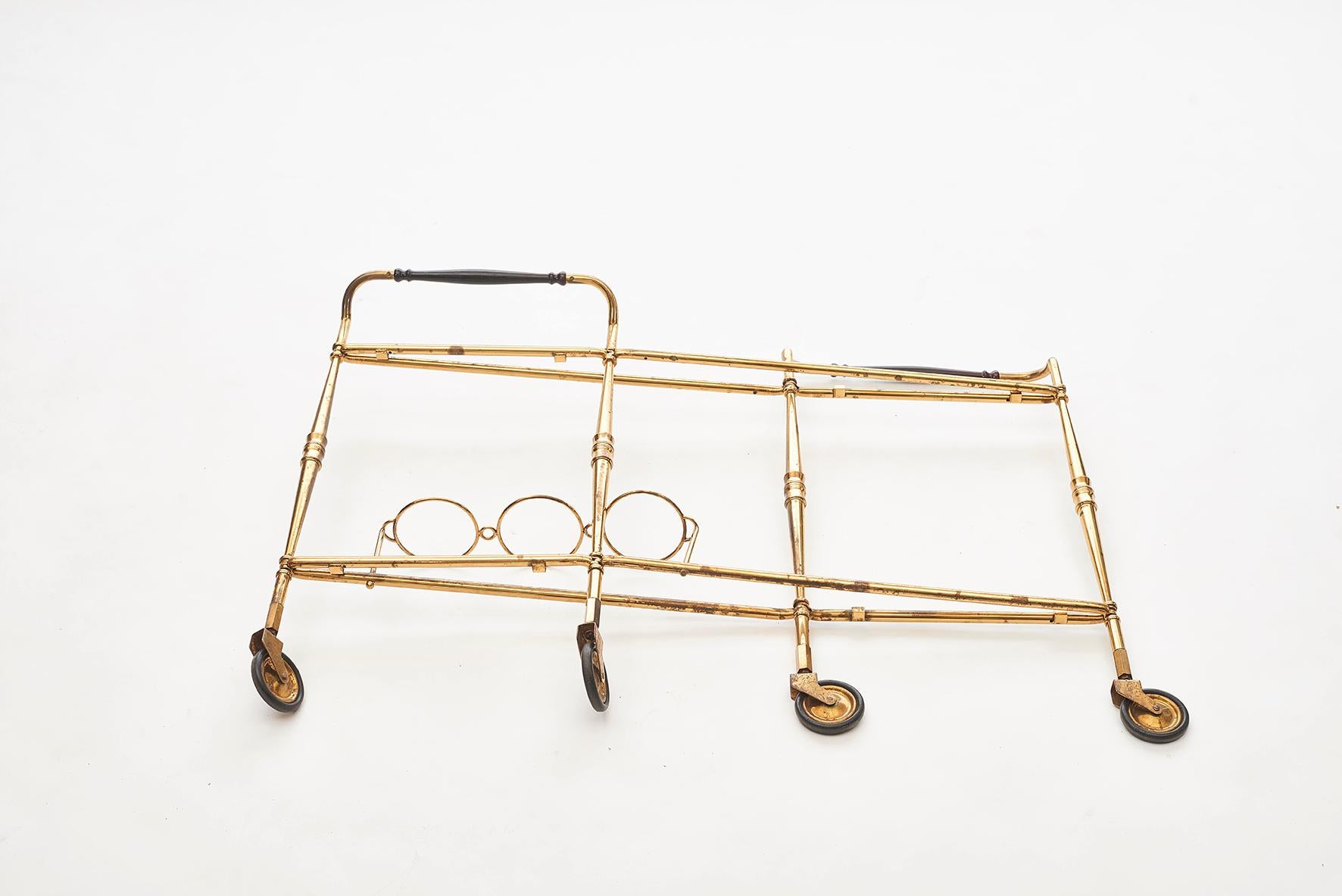 French Art Deco Bar Cart or Tea Trolley in Brass with Glass Trays 4