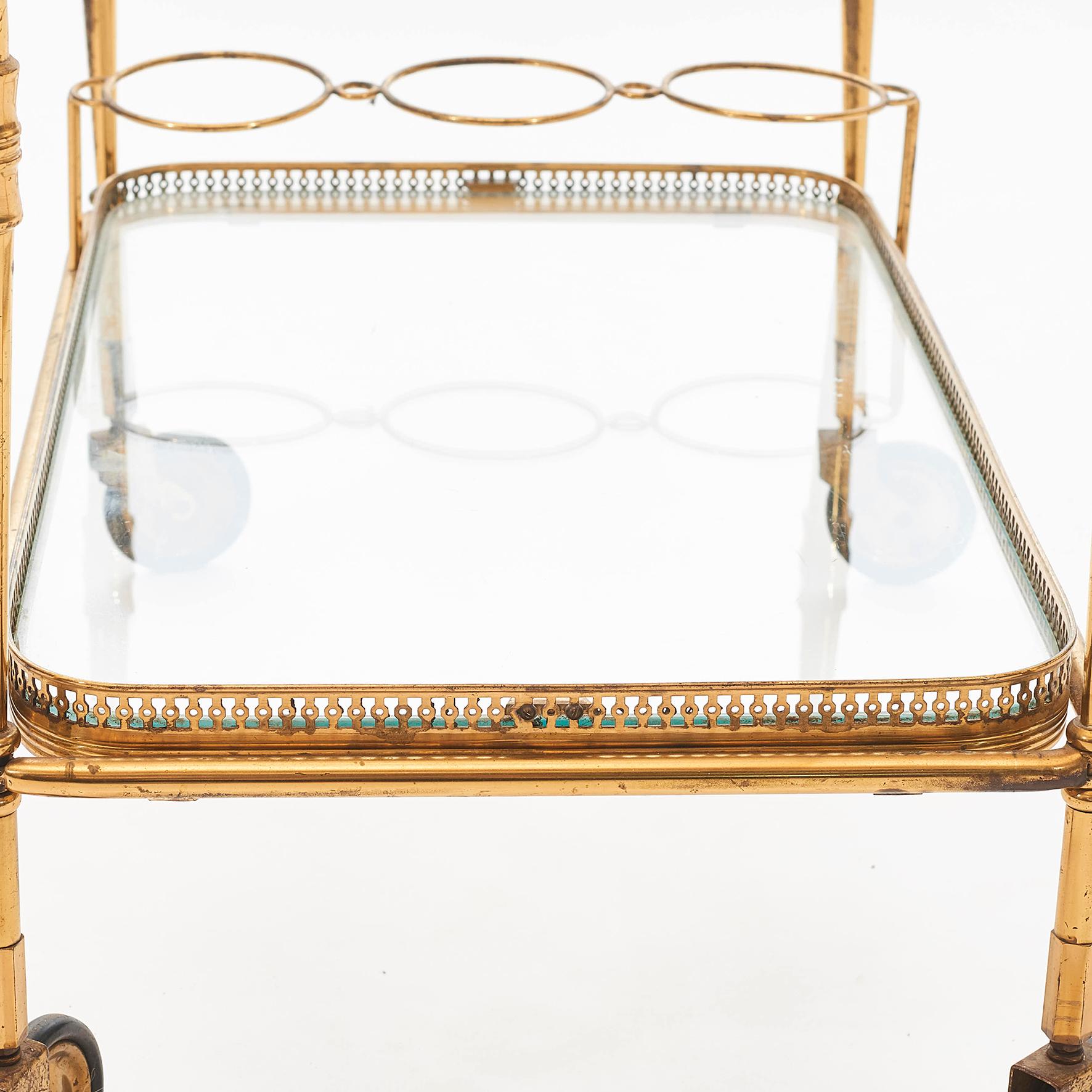20th Century French Art Deco Bar Cart or Tea Trolley in Brass with Glass Trays