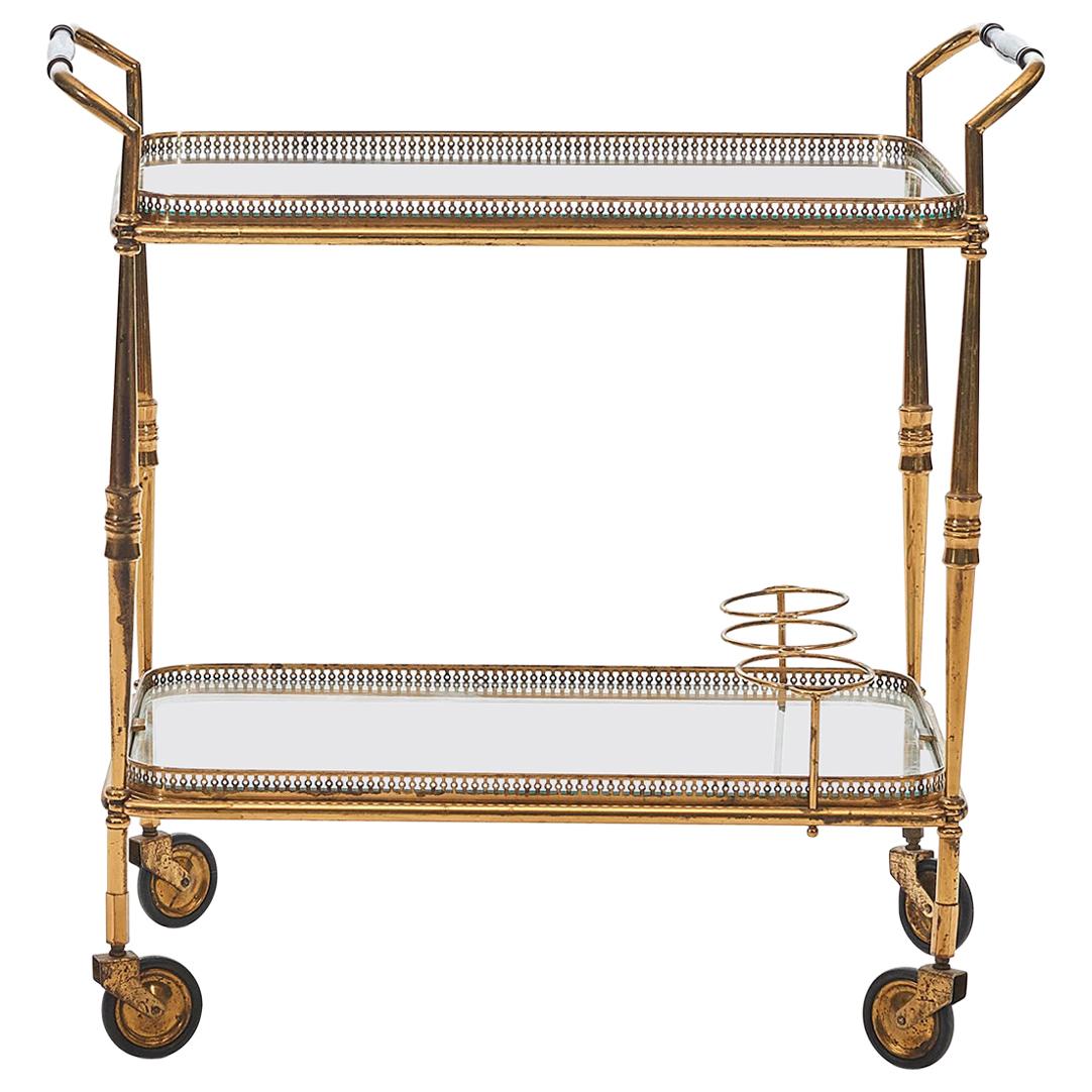 French Art Deco Bar Cart or Tea Trolley in Brass with Glass Trays