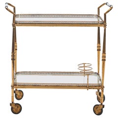 Antique French Art Deco Bar Cart or Tea Trolley in Brass with Glass Trays