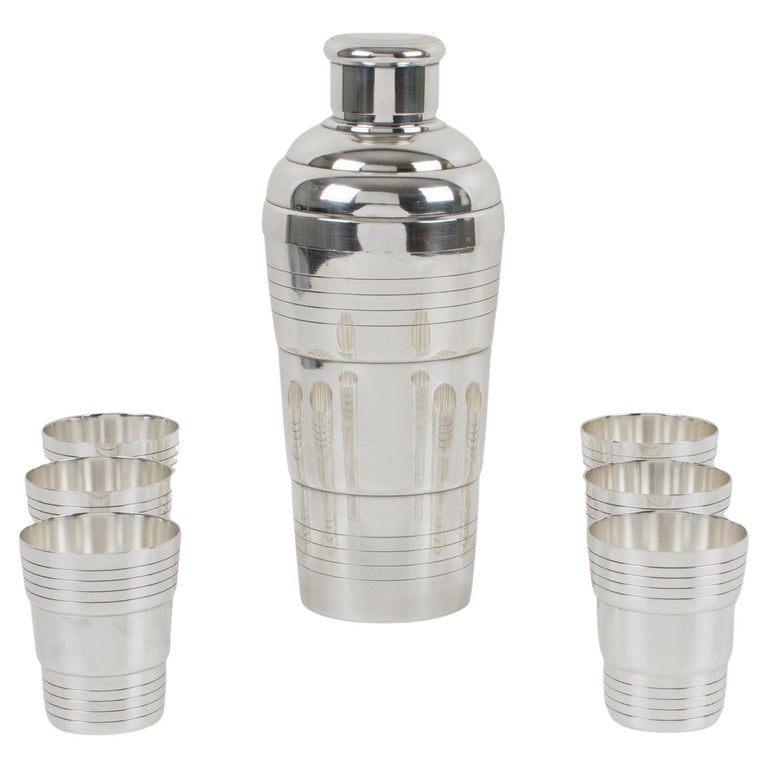 French Art Deco Barware Silver Plate Cocktail Shaker and six Glasses