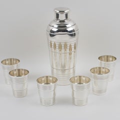 French Art Deco Barware Silver Plate Shaker and 6 Cocktail Cups