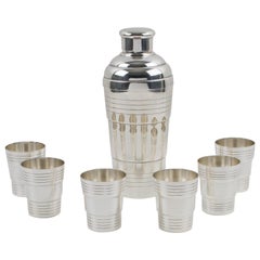 French Art Deco Barware Silver Plate Shaker and 6 Cocktail Cups