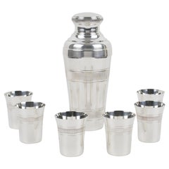French Art Deco Barware Silver Plate Cocktail Shaker and Six Cups