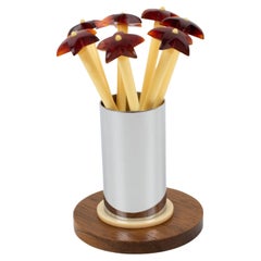 French Art Deco Barware Wood and Chrome Cocktail Stirrers Set