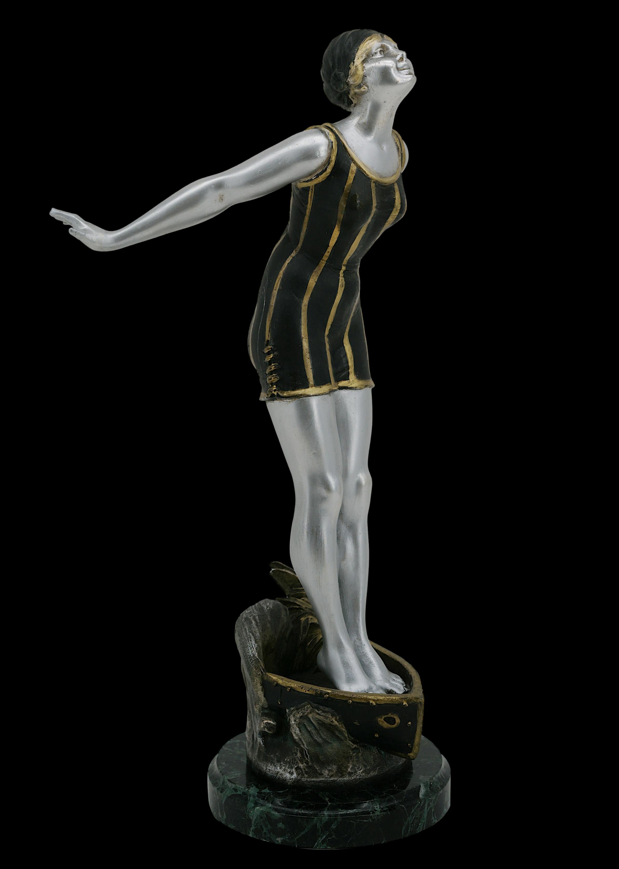 French Art Deco bather sculpture, France, ca.1930. Cold painted spelter and marble. Height : 15