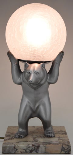 French Art Deco Bear Lamp with Crackle Glass Globe by Rochard, France, 1930