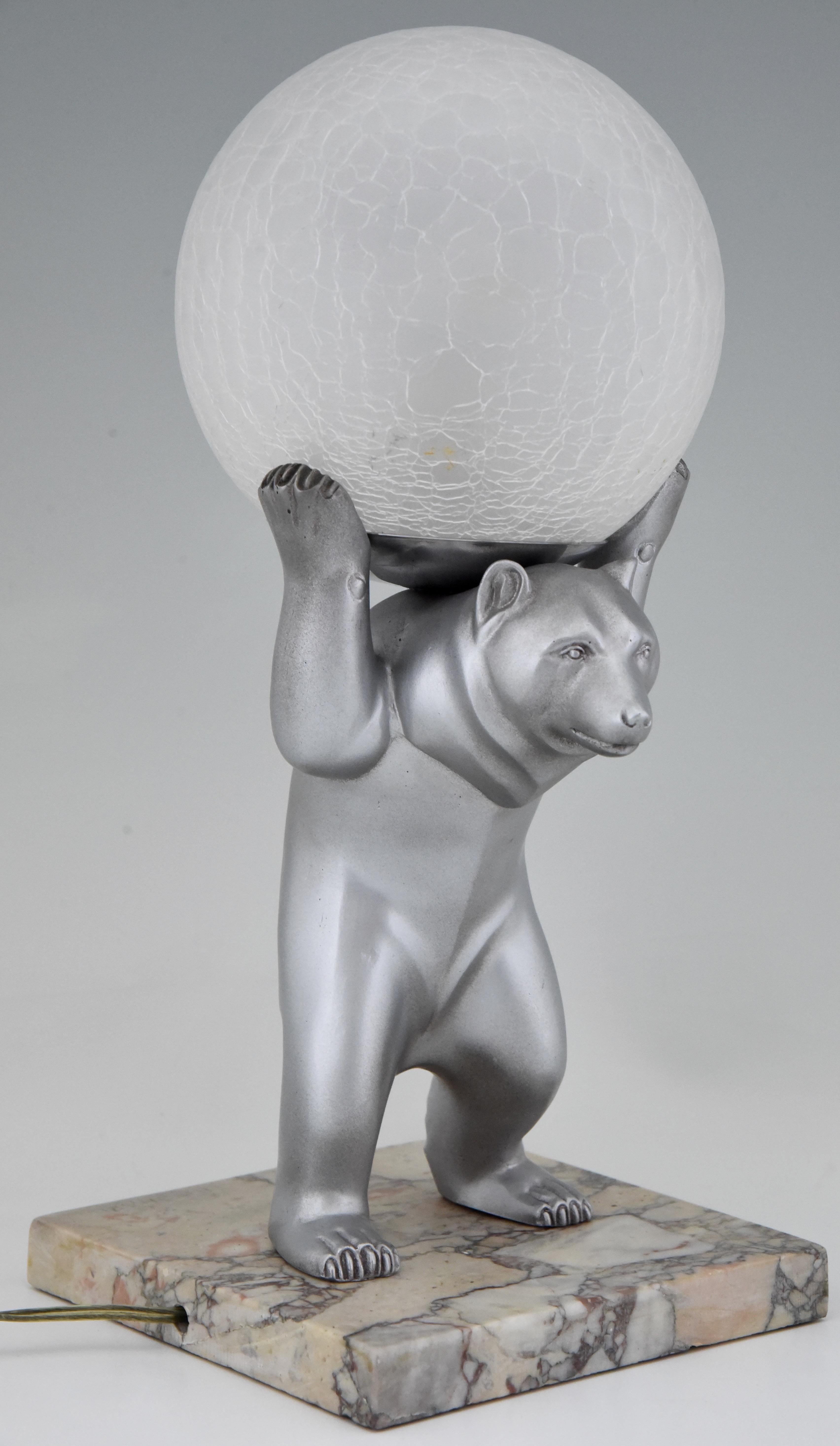 Patinated French Art Deco Bear Lamp with Crackle Glass Globe by Rochard, France, 1930