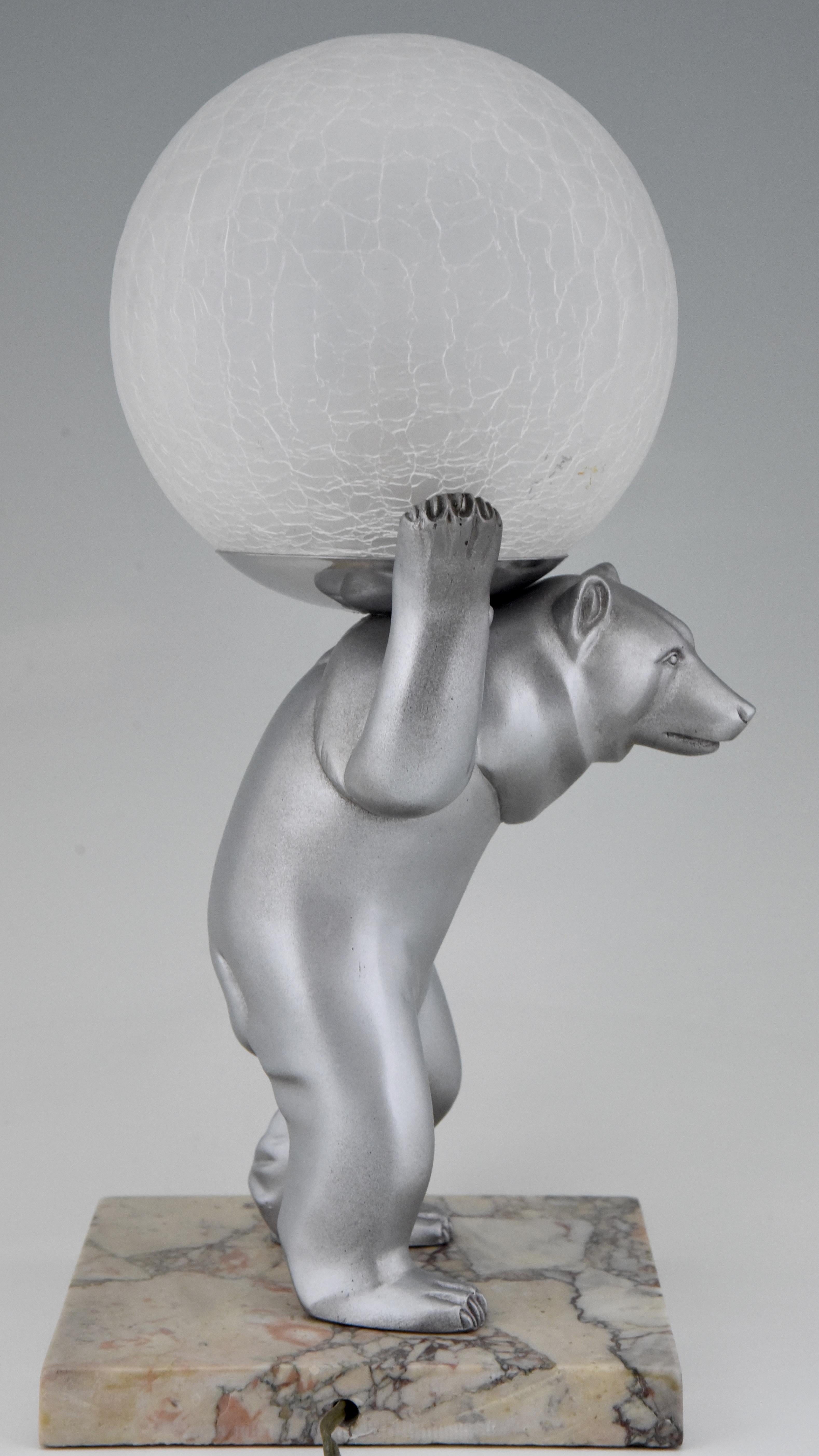 French Art Deco Bear Lamp with Crackle Glass Globe by Rochard, France, 1930 In Good Condition In Antwerp, BE